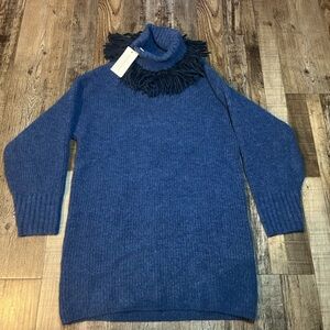 Something Navy Fringe Wool Turtleneck Sweater Dress in Navy Size Small NWT